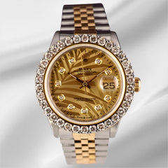 Rolex Datejust 36mm YG/Steel 2.50ct Diamonds Palm Motif Dial Hidden Clasp Watch