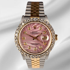 Rolex Mens Datejust 36mm 18k YG & Steel Iced 2.50ct Diamond Pink Palm Dial Watch