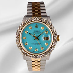 Rolex Mens Datejust 36mm 18k YG & Steel Iced 2.50ct Diamond Baby Blue Dial Watch