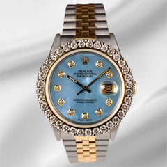 Rolex Mens Datejust 36mm 18k YG & Steel Iced 2.50ct Diamond Blue Mop Dial Watch