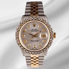 Rolex Mens Datejust 36mm 18k YG & Steel Iced 2.50ct Diamond Silver Dial Watch