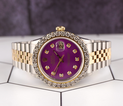 Rolex Mens Datejust 36mm 18k YG & Steel Iced 2.50ct Diamond Purple Dial Watch