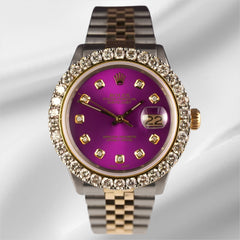 Rolex Mens Datejust 36mm 18k YG & Steel Iced 2.50ct Diamond Purple Dial Watch