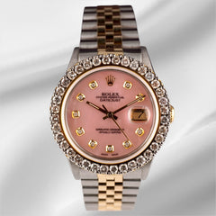 Rolex Mens Datejust 36mm 18k YG & Steel Iced 2.50ct Diamond Pink Mop Dial Watch