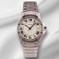 Cartier Santos Ronde 33mm 4ct Iced Out White Dial Automatic Mens Watch 1920