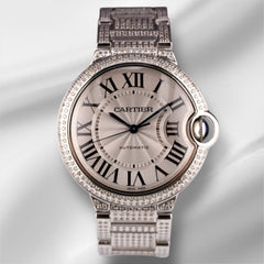 Cartier Ballon Bleu 36mm Iced Out 5ct Diamonds Automatic Steel Watch 3284