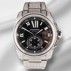 Cartier Calibre 42mm Men's Steel Watch Black Dial Iced 6ct Diamonds Ref 3389
