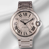 Cartier Ballon Bleu 42mm Iced 7ct Diamonds Silver Dial Steel Mens Watch 3001