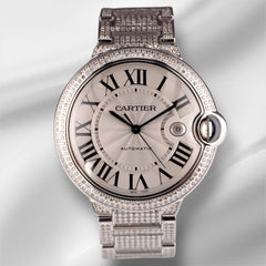 Cartier Ballon Bleu 42mm Iced 7ct Diamonds Silver Dial Steel Mens Watch 3001