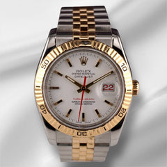 Rolex 36MM Datejust Turn-O-Graph Steel 18K Yellow Gold White Dial Watch 116263