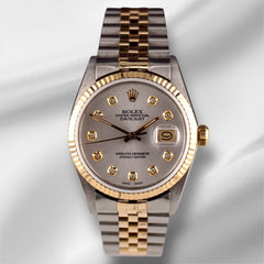 Rolex Datejust 36mm 18k YG & Steel Fluted Silver Diamond Dial Watch 16013