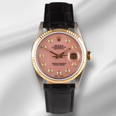 Rolex Datejust 36mm Yellow Gold Fluted Pink Mop Diamond Dial Leather Band Watch