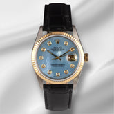 Rolex Datejust 36mm Yellow Gold Fluted Blue Mop Diamond Dial Leather Band Watch