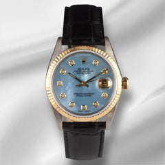 Rolex Datejust 36mm Yellow Gold Fluted Blue Mop Diamond Dial Leather Band Watch