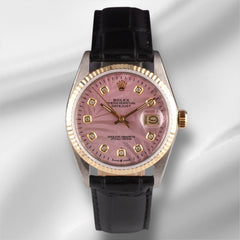 Rolex Datejust 36mm Yellow Gold Fluted Pink Palm Diamond Dial Leather Band Watch