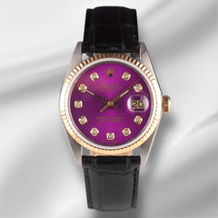Rolex Datejust 36mm Yellow Gold Fluted Purple Diamond Dial Leather Band Watch