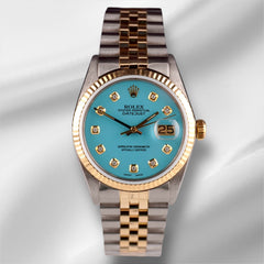 Rolex Datejust 36mm Yellow Gold Fluted Baby Blue Diamond Dial Jubilee Watch