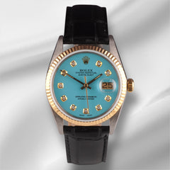 Rolex Datejust 36mm Yellow Gold Fluted Baby Blue Diamond Dial Leather Band Watch