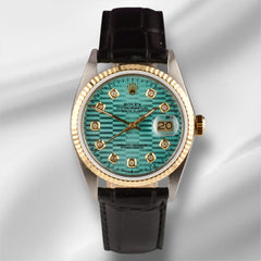 Rolex Datejust 36mm YellowGold Fluted Blue Motif Diamond Dial Leather Band Watch