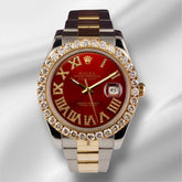 Rolex Men's Datejust 41mm 18k Gold & Steel Iced 3ct Diamonds Red Roman 116333