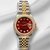 Rolex Ladies Datejust 26mm 18k Gold & Steel Watch 1.5ct Diamonds Red Dial 69173
