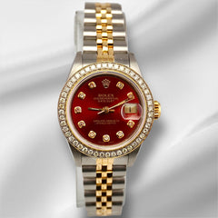 Rolex Ladies Datejust 26mm 18k Gold & Steel Watch 1.5ct Diamonds Red Dial 69173
