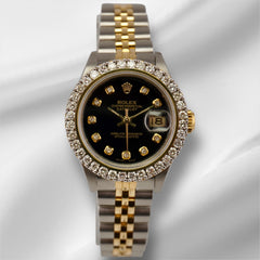 Rolex Ladies Datejust 26mm Watch 18k Gold & Steel ICED 2ct Diamonds Black Dial