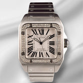 Cartier Santos 100 XL Men's 1.0ct Iced Stainless Steel White Dial Watch Ref 2656