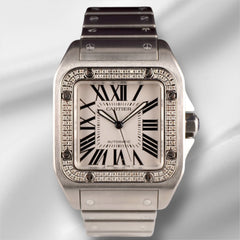 Cartier Santos 100 XL Men's 1.0ct Iced Stainless Steel White Dial Watch Ref 2656