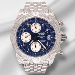 Breitling Chronomat 43mm Chronograph Blue Dial 7ct Mens Steel Auto Watch A13356