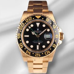 Rolex 40mm GMT Master II 18K Yellow Gold Black Dial Men's Watch 116718