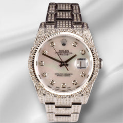 Rolex Oyster Datejust 36mm Steel Mens Watch Iced 7ct Diamond White MOP 116200