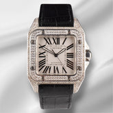 Cartier Santos 100XL Mens Iced Out 4.0ct Genuine Diamonds Roman Leather Ref 2656