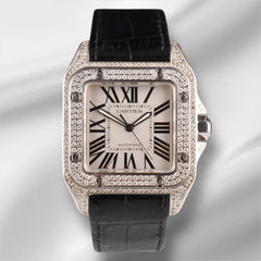 Cartier Santos 100XL Mens Iced Out 4.0ct Genuine Diamonds Roman Leather Ref 2656