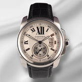Cartier Calibre 42mm Silver Dial Stainless Steel Leather Band Men's Watch 3389