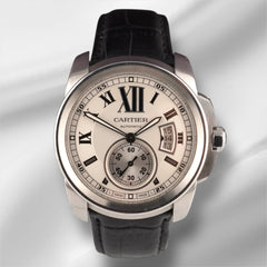 Cartier Calibre 42mm Silver Dial Stainless Steel Leather Band Men's Watch 3389