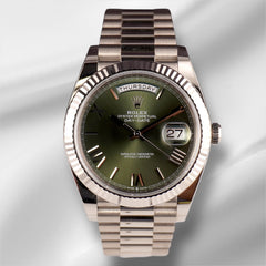Rolex 40mm President Day-Date Olive Green Dial White Gold Men's Watch 228239