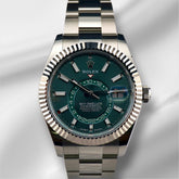Rolex Sky-Dweller 42mm Mens 18K White Gold Bezel Steel Watch Green Dial 336934