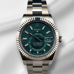 Rolex Sky-Dweller 42mm Mens 18K White Gold Bezel Steel Watch Green Dial 336934