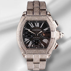 Cartier 43mm Roadster XL Black Dial Iced Out 6ct Diamonds Men's Watch Ref 2618