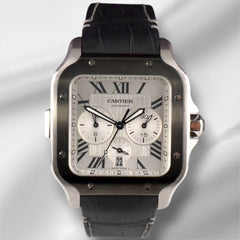 Cartier Santos XL Chronograph 44mm Mens Silver Roman Leather Steel Watch 4183