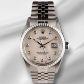 Rolex 36mm Datejust Steel Engine-Turned Jubilee White Mop Dial Watch 16030