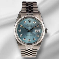 Rolex 36mm Datejust Steel Engine-Turned Ice Blue Dial Watch 16030