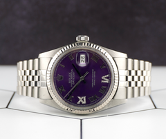 Rolex 36mm Datejust Steel Fluted Purple Roman Dial Watch 16014