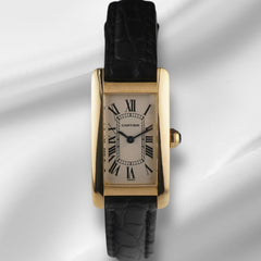 Cartier 35mm Tank Americaine 18K Yellow Gold Leather Band Ladies Watch 1710