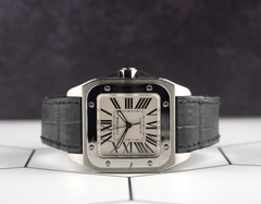 Cartier 33mm Santos 100 Steel Midsize Black Strap Men's Watch 2878 Papers