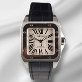 Cartier 33mm Santos 100 Steel Midsize Black Strap Men's Watch 2878 Papers