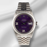 Rolex 36mm Datejust Steel Engine-Turned Jubilee Purple Roman Dial Watch 16030
