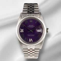 Rolex 36mm Datejust Steel Engine-Turned Jubilee Purple Roman Dial Watch 16030