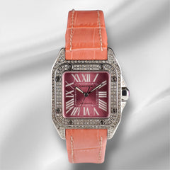 Cartier Santos 100 33mm 2.5ct Diamond Pink Roman Dial Leather Band Watch 2878